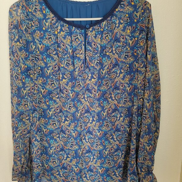 Daniel Rainn Women's Blue Gold Floral Paisley Top Blouse with Gold Shimmer - Picture 2 of 5